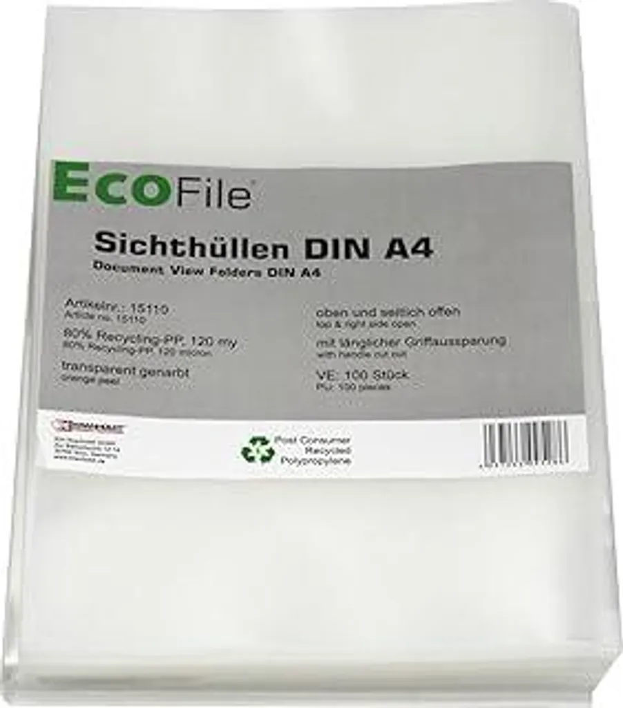 ECOfile Buste trasparenti Buste per documenti A4 / 100 pezzi/sostenibili in PP riciclato post-consumo 120 my trasparenti, aperte nella parte superiore e laterale (trasparenti con grana)