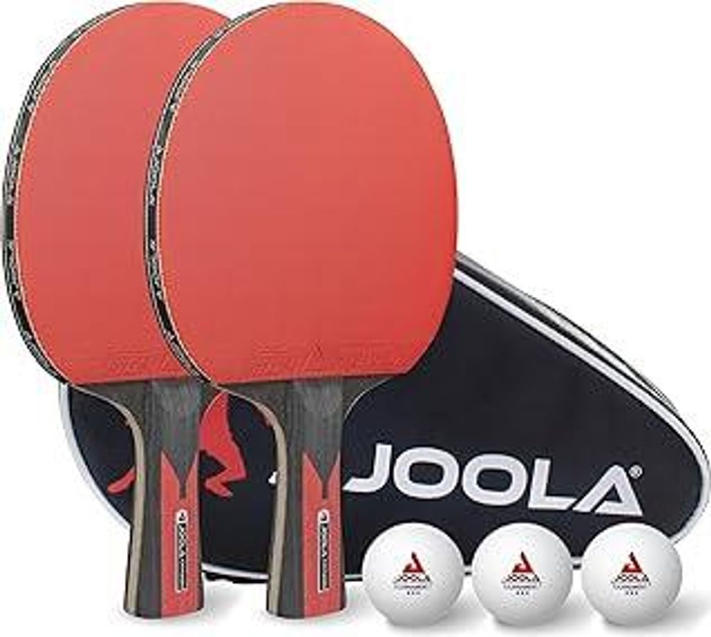 JOOLA Tischtennis Set Duo Carbon 2 Tischtennisschläger + 3 Tischtennisbälle + Tischtennishülle, rot/schwarz, 6-teilig