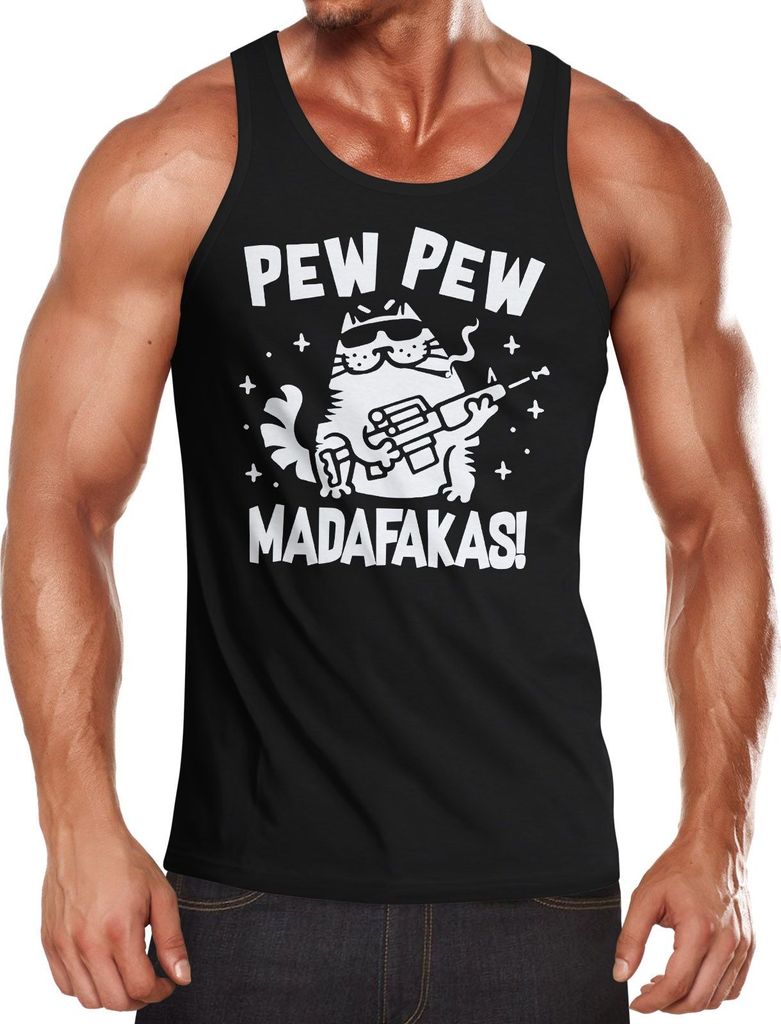 Herren Tanktop Pew Pew Madafakas Katze Gangster Cat Meme Spruch Trend Achselshirt Moonworks schwarz 3XL
