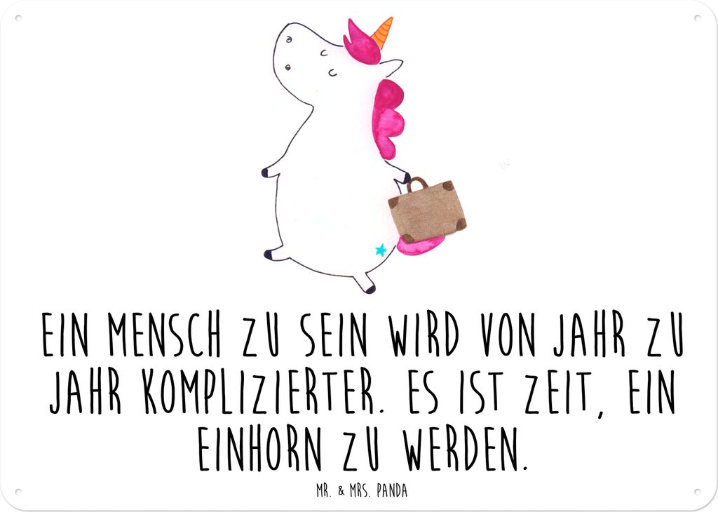 Mr. & Mrs. Panda Blechschild Einhorn Koffer DIN A6 - Weiß - Geschenk, tafel, Türschild, Deko, Lustig, Wandbild, Einhörner, Spaß, Schild, Abente...