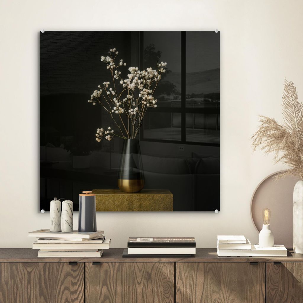 MuchoWow Glasbilder - Bilder auf Wandbild - Foto auf Glas Blumenzwiebeln - Weiß - Vase - Minimalistisch 50x50 cm Wanddekoration aus Glas - Acrylgl...