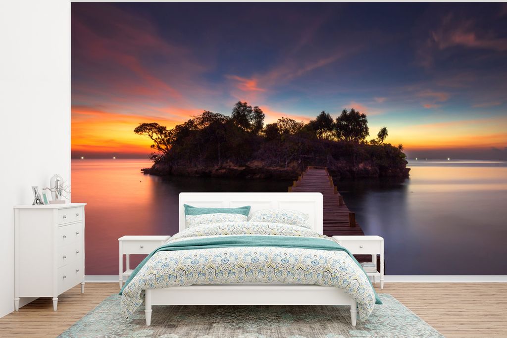 MuchoWow Fototapete für Wohnzimmer oder Schlafzimmer Wandtapete Vinyl Motivtapete Sonnenuntergang - Brücke - Bäume - Wasser - Insel - 400x300 ...