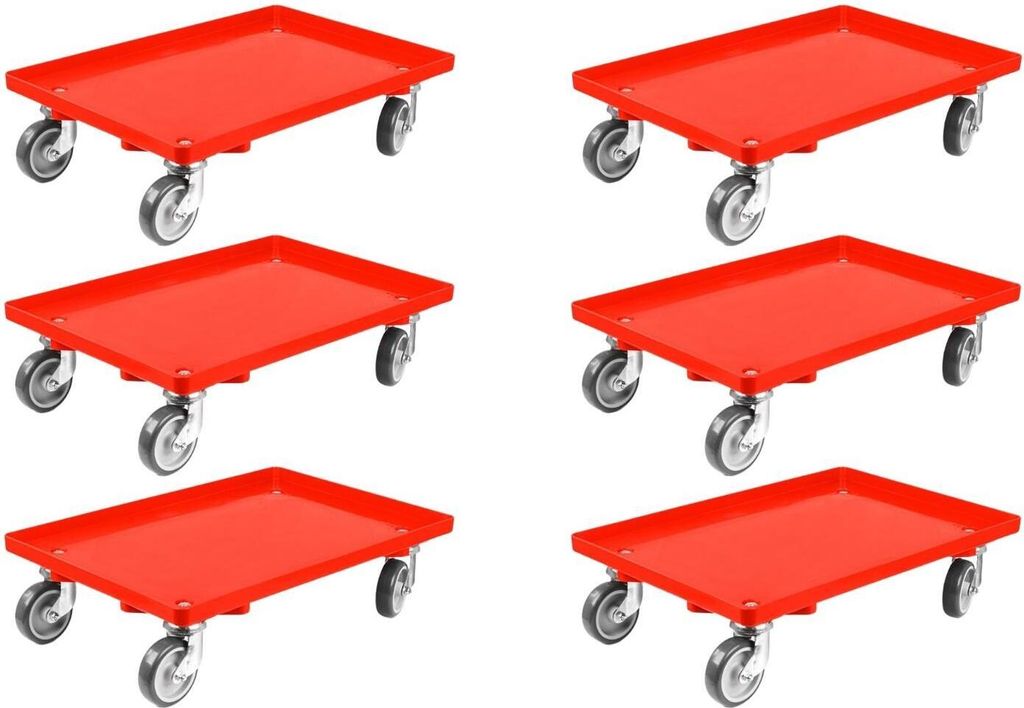 SparSet 6x Transportroller für Euroboxen 60x40cm mit Gummiräder rot | Geschlossenes Deck | 2 Lenkrollen & 2 Bremsrollen | Traglast 300kg | Kisten...