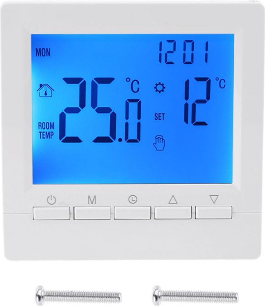 A digital thermostat with a blue LCD screen displaying temperature and time, mounted on a white surface. Two screws are visible at the bottom.