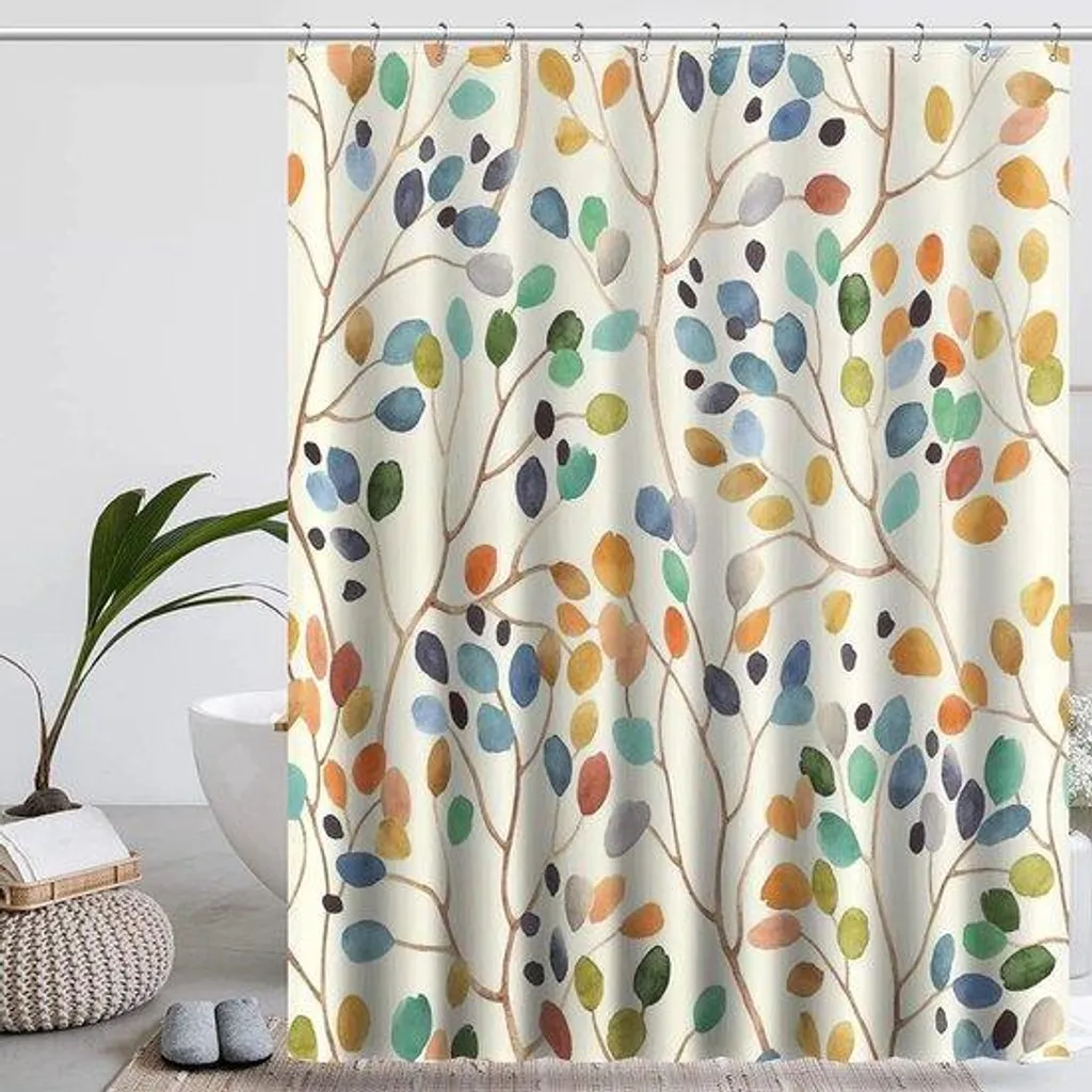 Rideau de douche en tissu beige 180x200 cm aux motifs végétaux