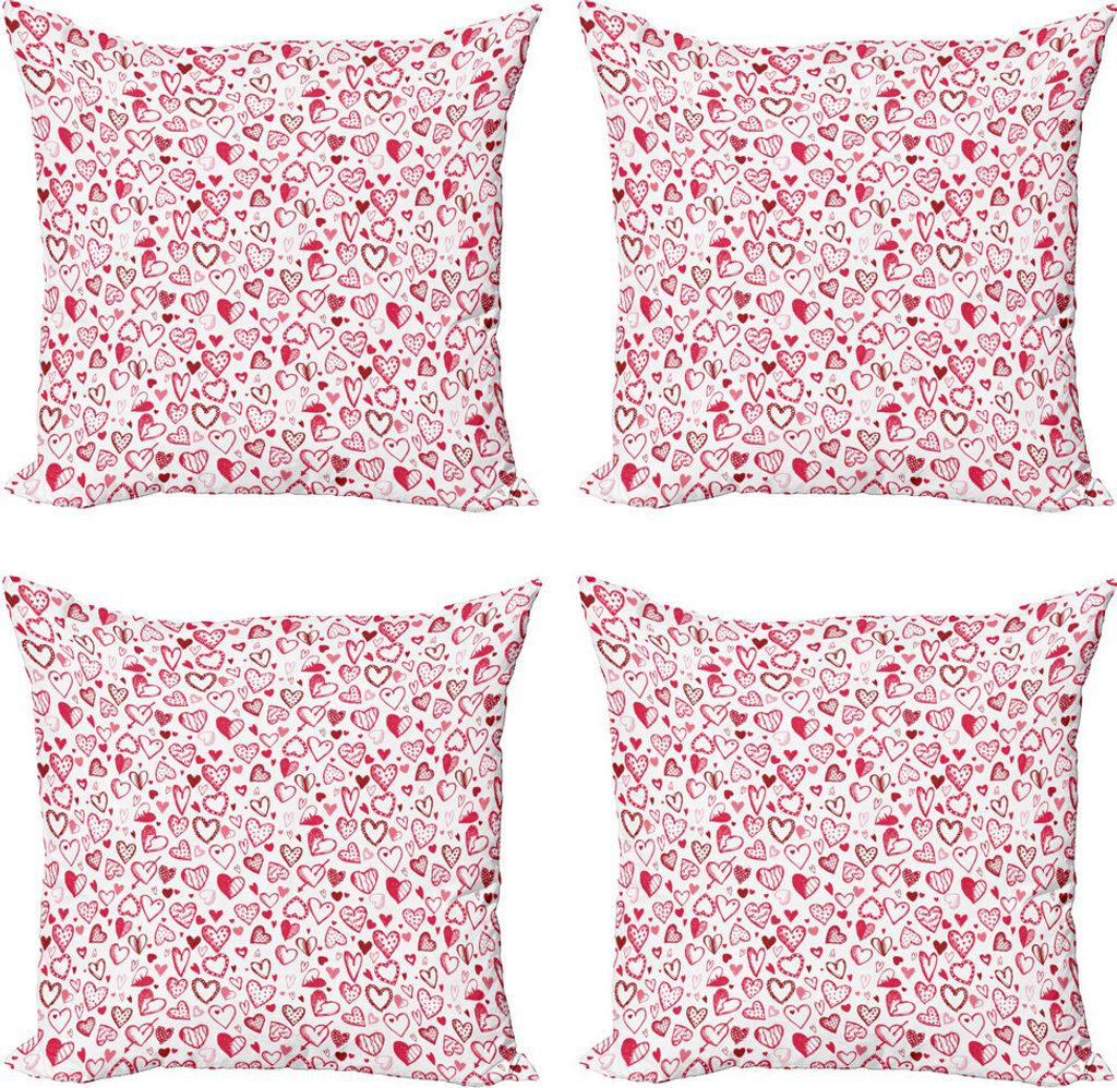 ABAKUHAUS Valentines Kissenbezug Set (4 Stück), Sketch Stil Herzen, Moderner Doppelseitiger Digitaldruck, 50 cm x 50 cm, Ruby Pink White