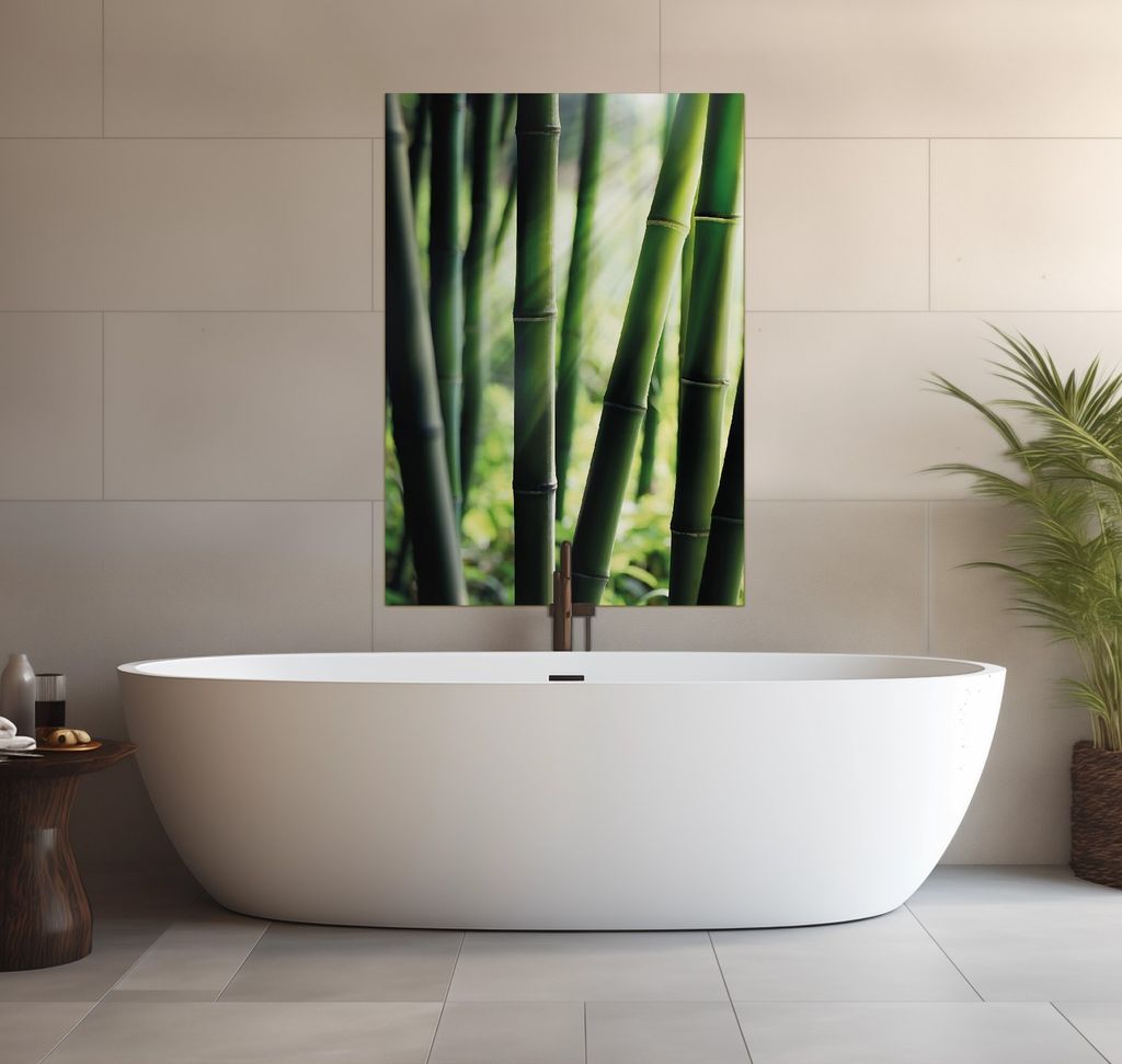 Wallario wasserfestes Poster selbstklebend 70 x 100 cm, Bambuswald und Sonnenstrahlen, Badezimmerposter Spritzschutz mit Hochglanzoberfläche in Gl...