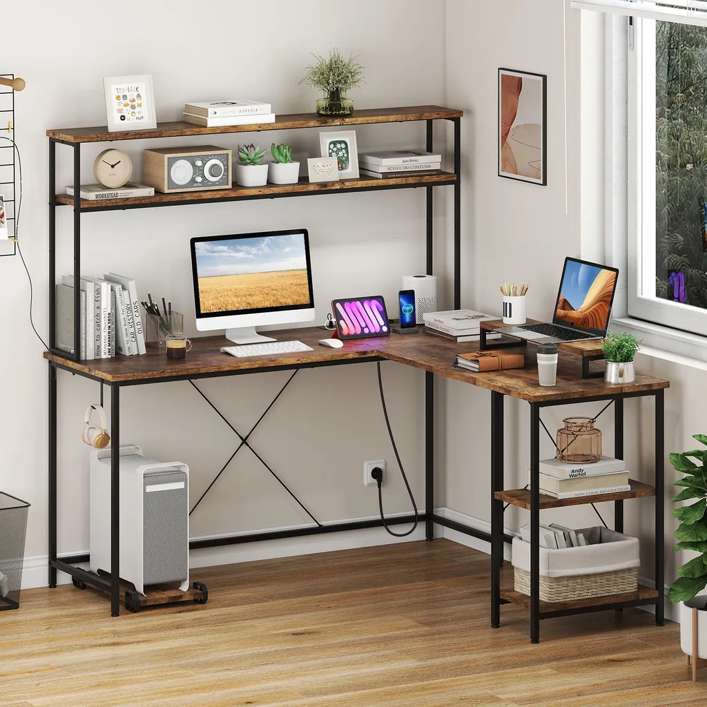 Bureau Informatique d'Angle Marron 145cm avec Support Écran et LED - 9