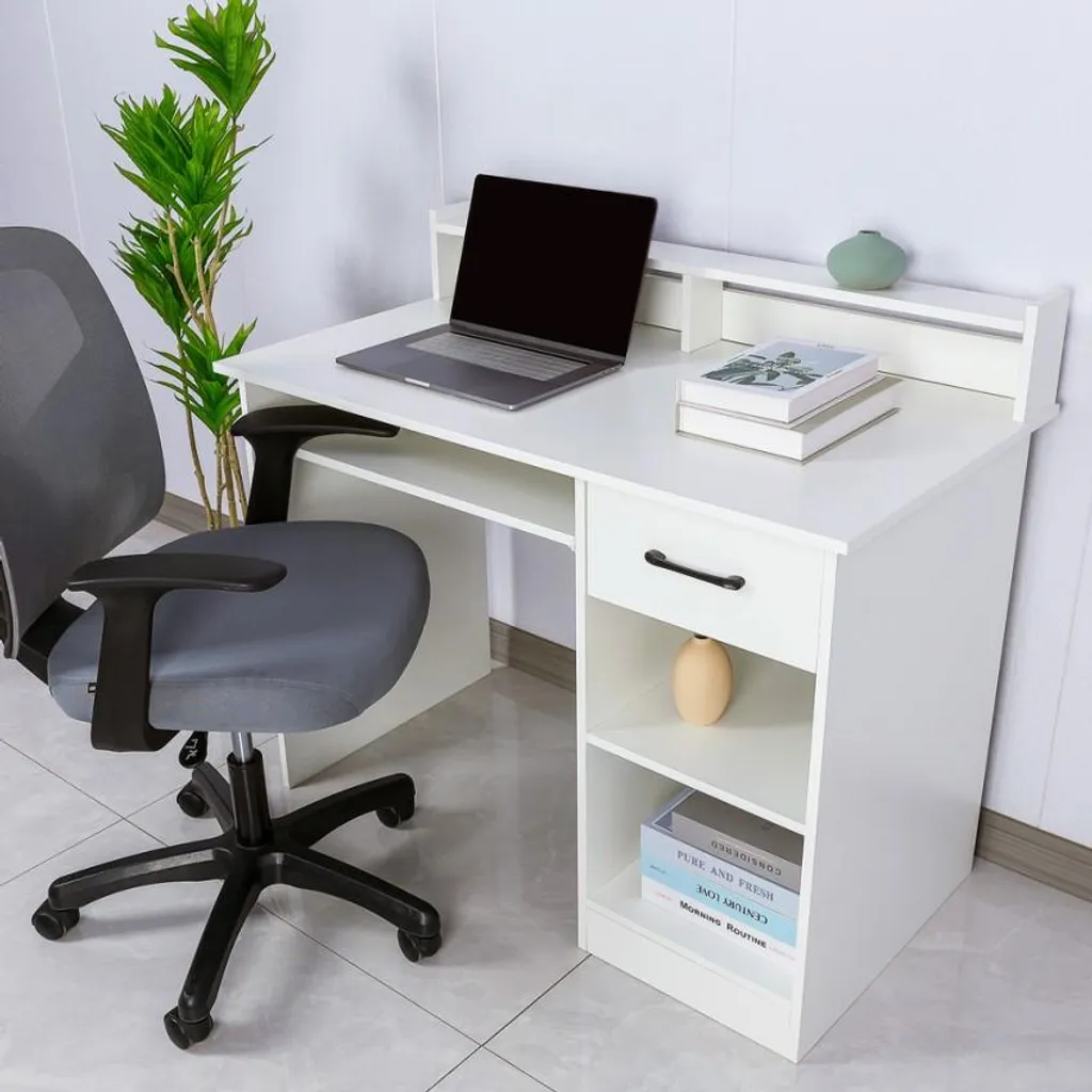 Petit bureau informatique blanc Drums Light à tablette coulissante compact - 3