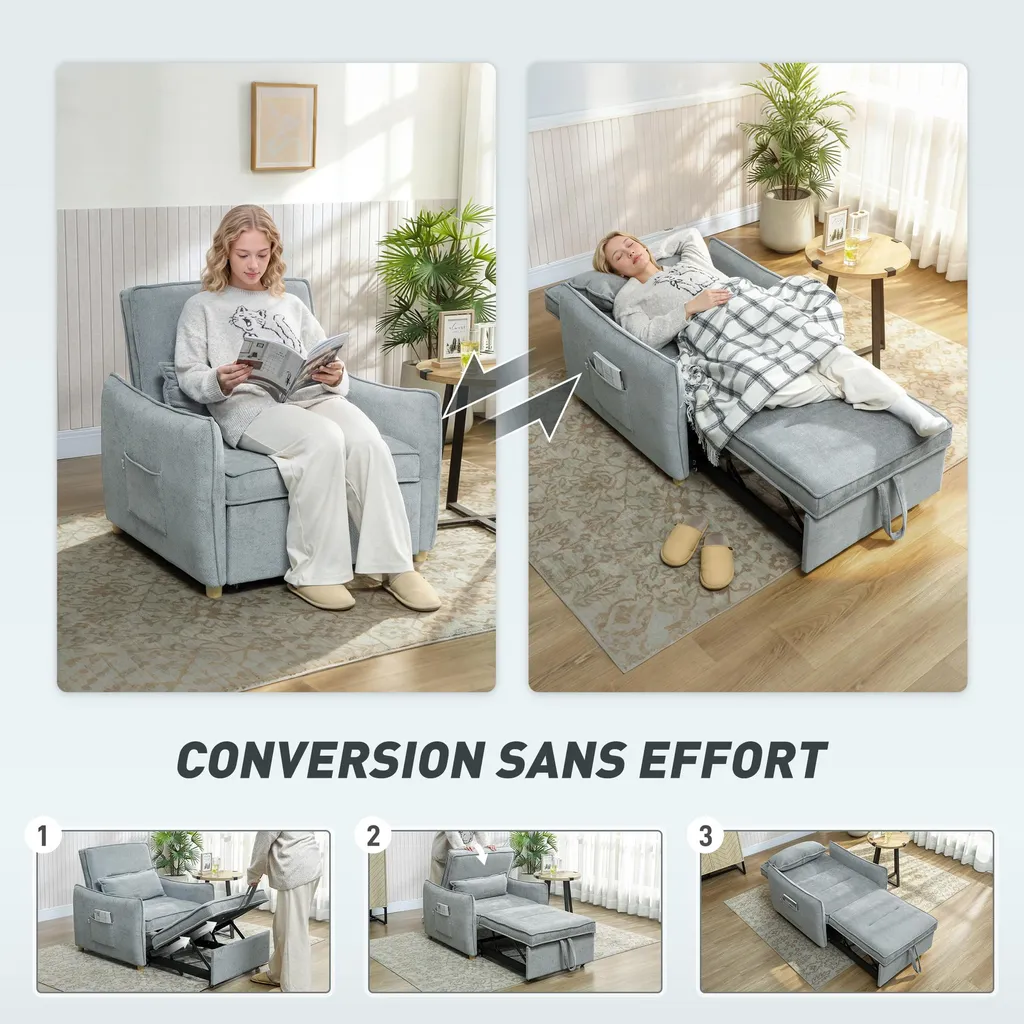 Chauffeuse convertible 1 place, fauteuil-lit en chenille grise douce - 6