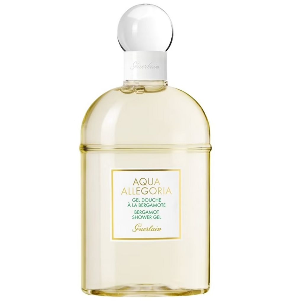 A clear, front-facing studio shot of a bottle of Guerlain Aqua Allegoria Bergamote Calabria shower gel against a white background.