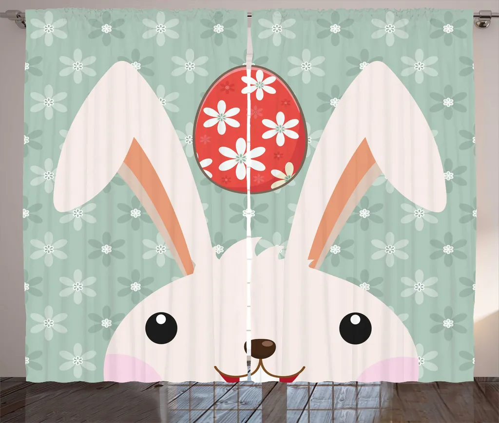 Rideau de chambre à ruban froncé motif Lapin rigolo et fleurs 280x225cm