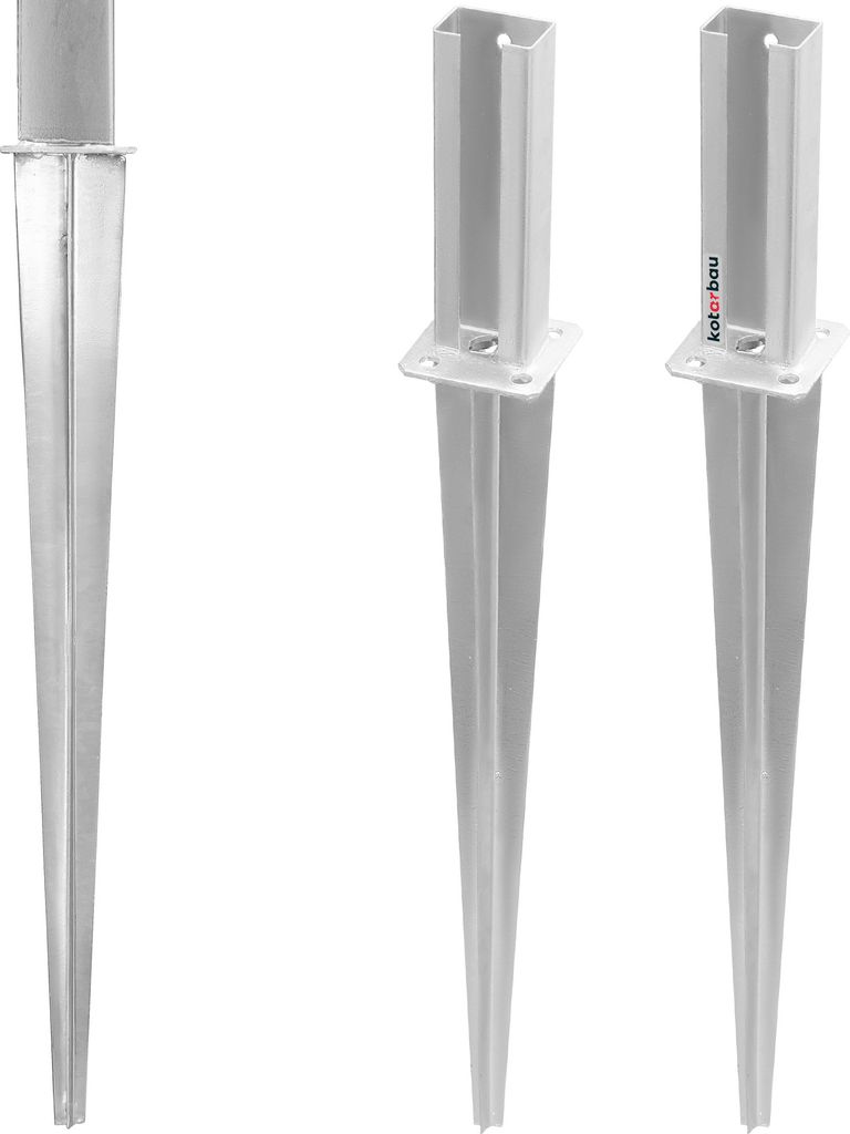 Three metal ground spikes with square top sections, designed to anchor posts into the ground.