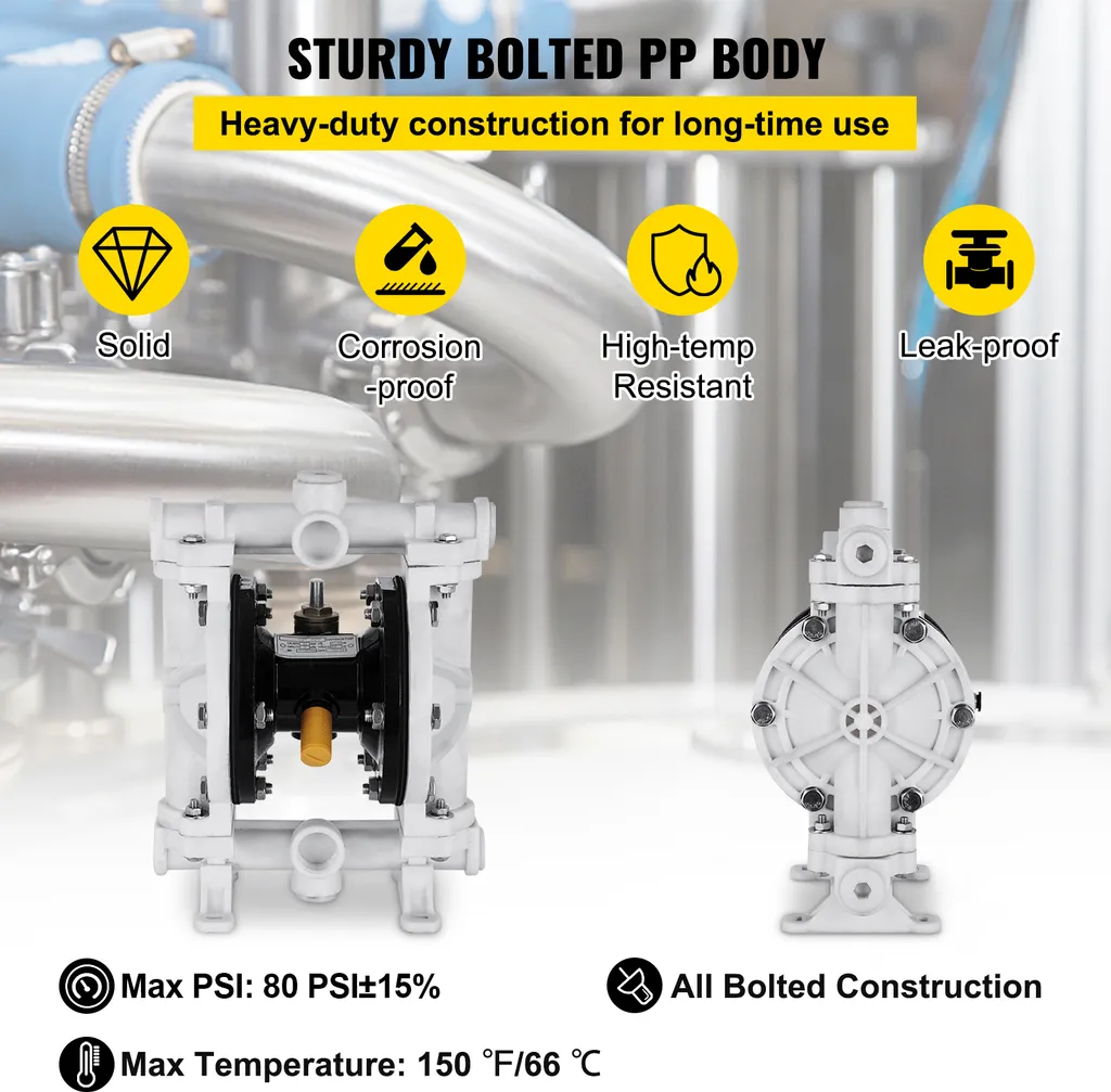 Pompa a doppia membrana ad aria compressa di SucceBuy, ingresso e uscita da 1/2 pollice, corpo in polipropilene, 2,5 GPM e max. 80 PSI, pompa di trasferimento pneumatica a membrana in PTFE per petrolio, diesel, olio e fluidi a bassa viscosità - 3