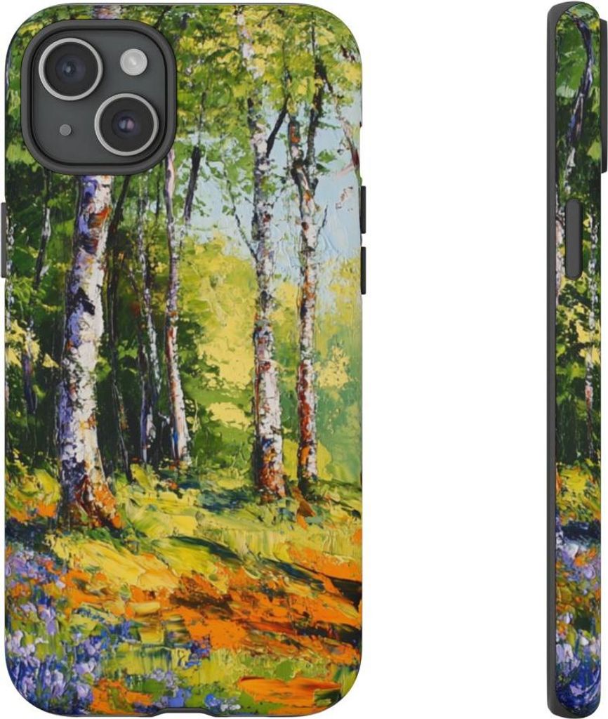 Kupferbuchen und Blaue Glockenblumen – Handyhülle Kompatibel mit iPhone 15 Plus