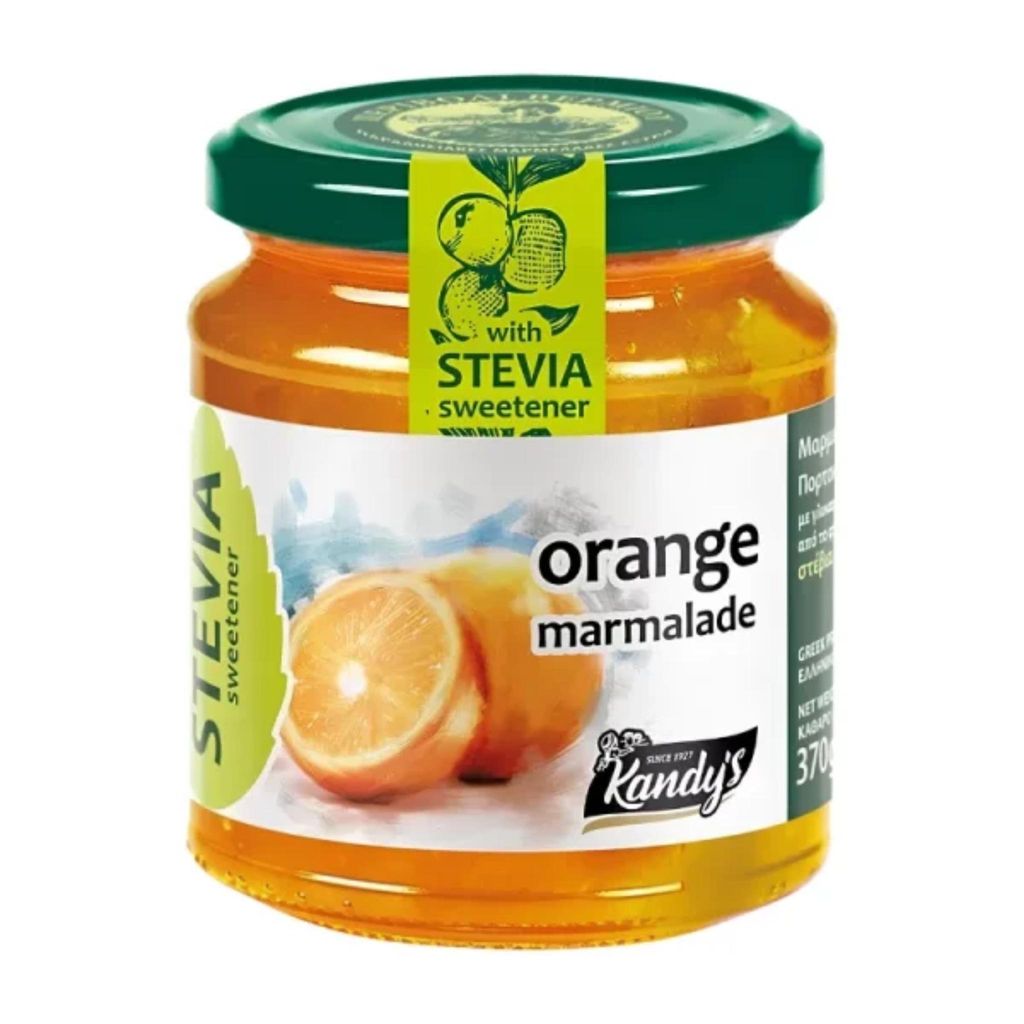 Kandylas Orangenmarmelade mit Stevia 370 g Glas auf Weiß