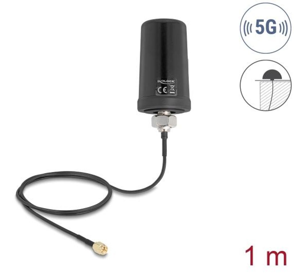 Delock 5G LTE GNSS WiFi 6 Antenne SMA Stecker 1,1 - 4,0 dBi omnidirektional mit Anschlusskabel ULA100 1 m Dachmontage outdoor schwarz