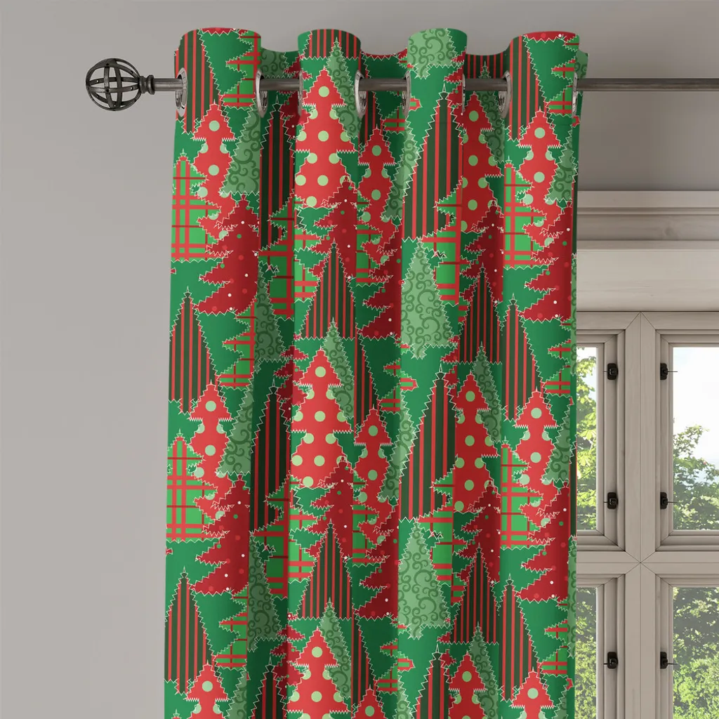 Rideau de Noël motif pins abstrait en tissu patchwork corail et vert - 4