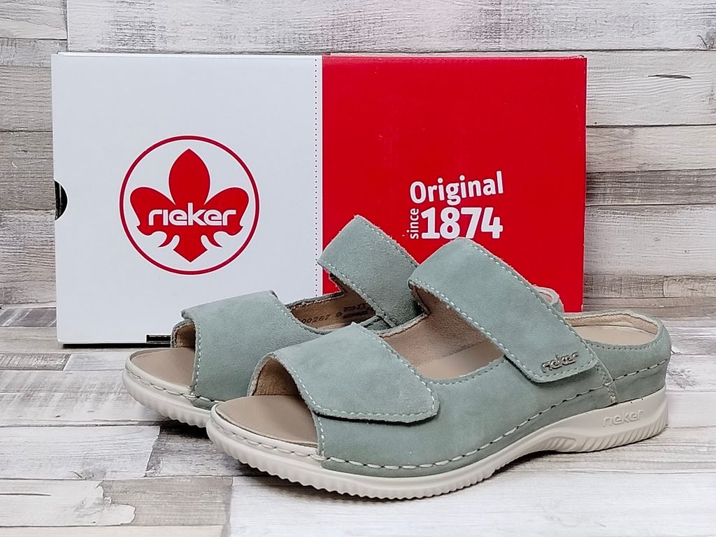 Rieker Damen Pantolette schilfgrün mit zwei Klettverschlüssen und herausnehmbarer Innensohle 41