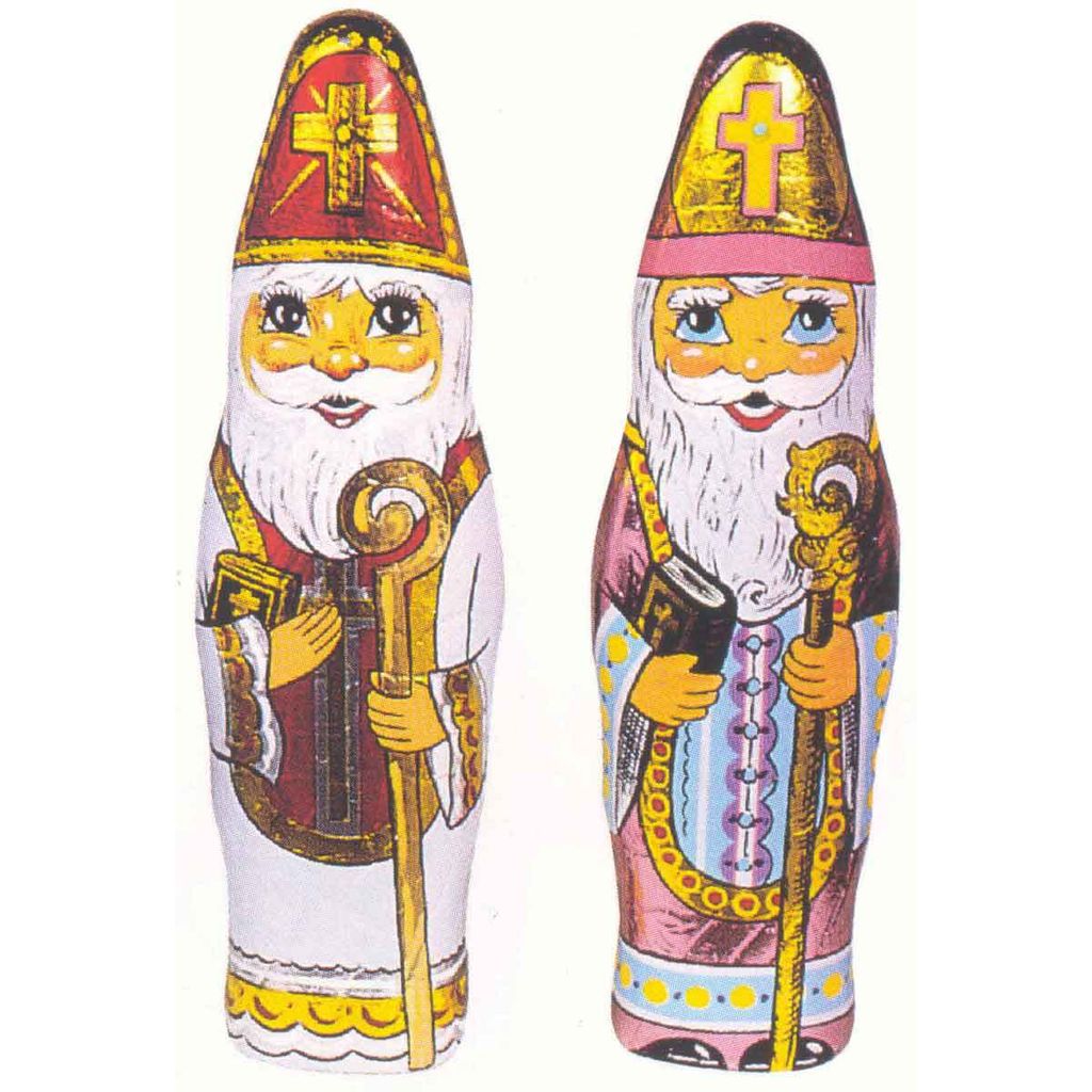 Two chocolate figures dressed as bishops.