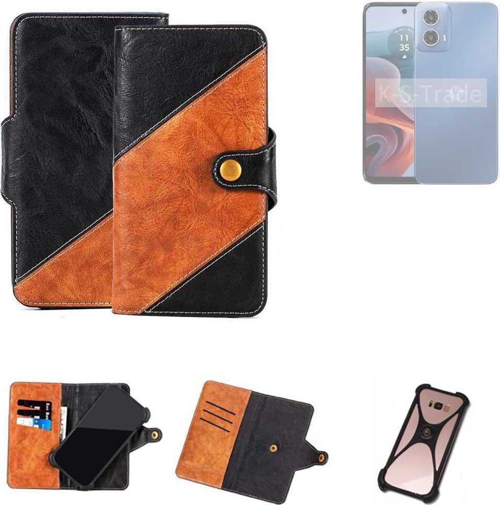 K-S-Trade Handyhülle Schutzhülle Bookstyle Case Wallet-Case kompatibel mit Motorola G34 5G Handy Cover Bumper Klapphülle schwarz hellbraun 1x