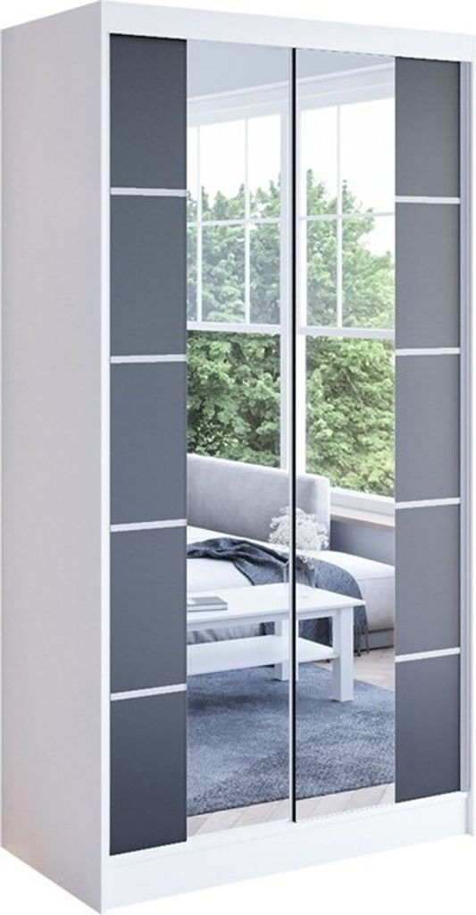 Easy4You N5 100 cm Weiß/Schwarz Schiebetüren Kleiderschrank 100x200x58 cm mit Spiegel - Schlafzimmermöbel, Aufbewahrung - Mehrzweckschrank