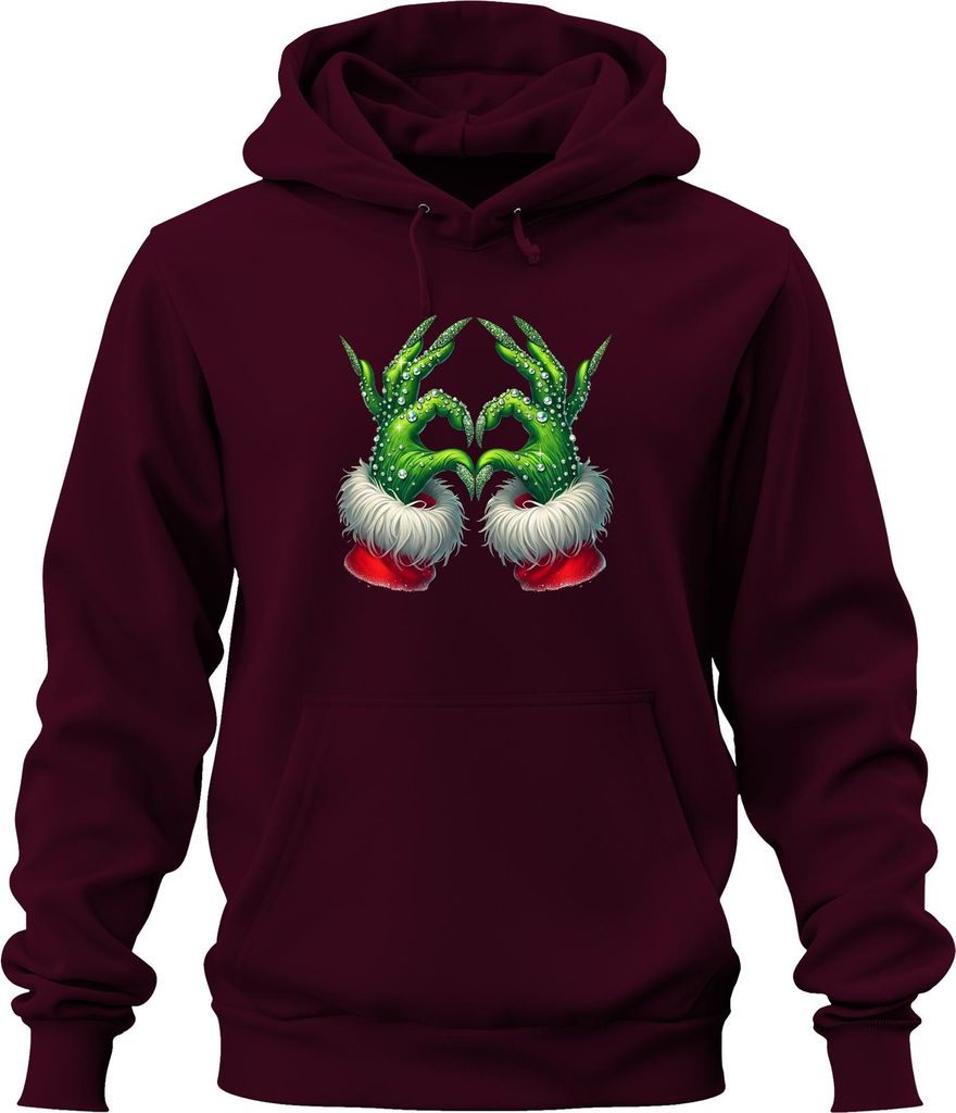 Grinch Hände Herz Weihnachten lustig Geschenk Glitzer Uni Hoodie Kapuzenpullover, Burgundy, S