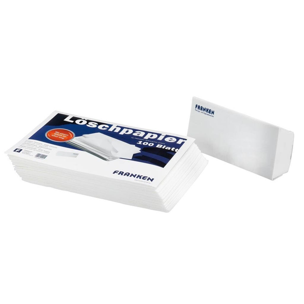 A stack of white paper products with blue and black packaging, and a single white product in the background.
