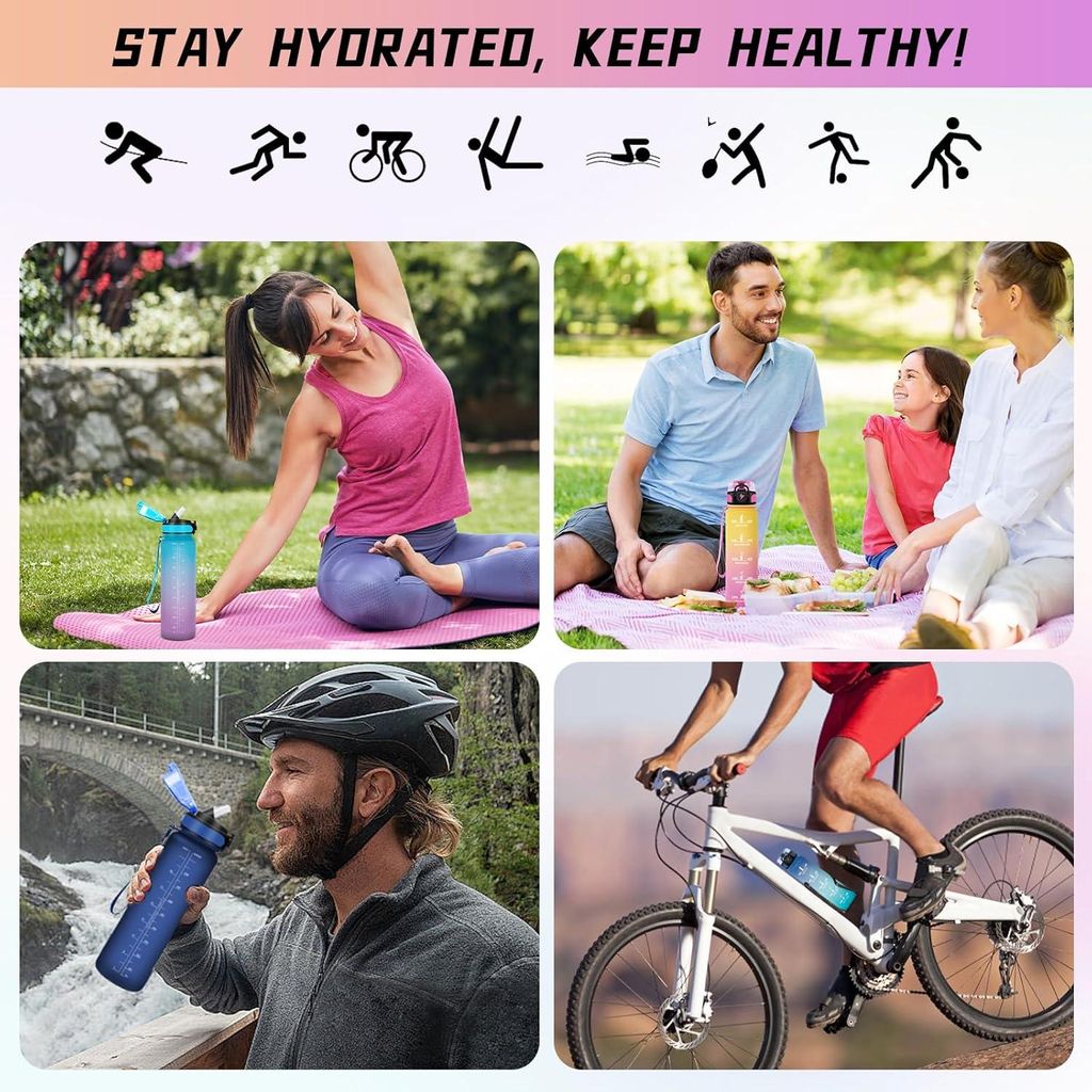 Trinkflasche mit Filter und Zeitplan für Hydratation, 1 Liter auslaufsichere Wasserflasche für Fitness, Wandern und Outdoor-Aktivitäten