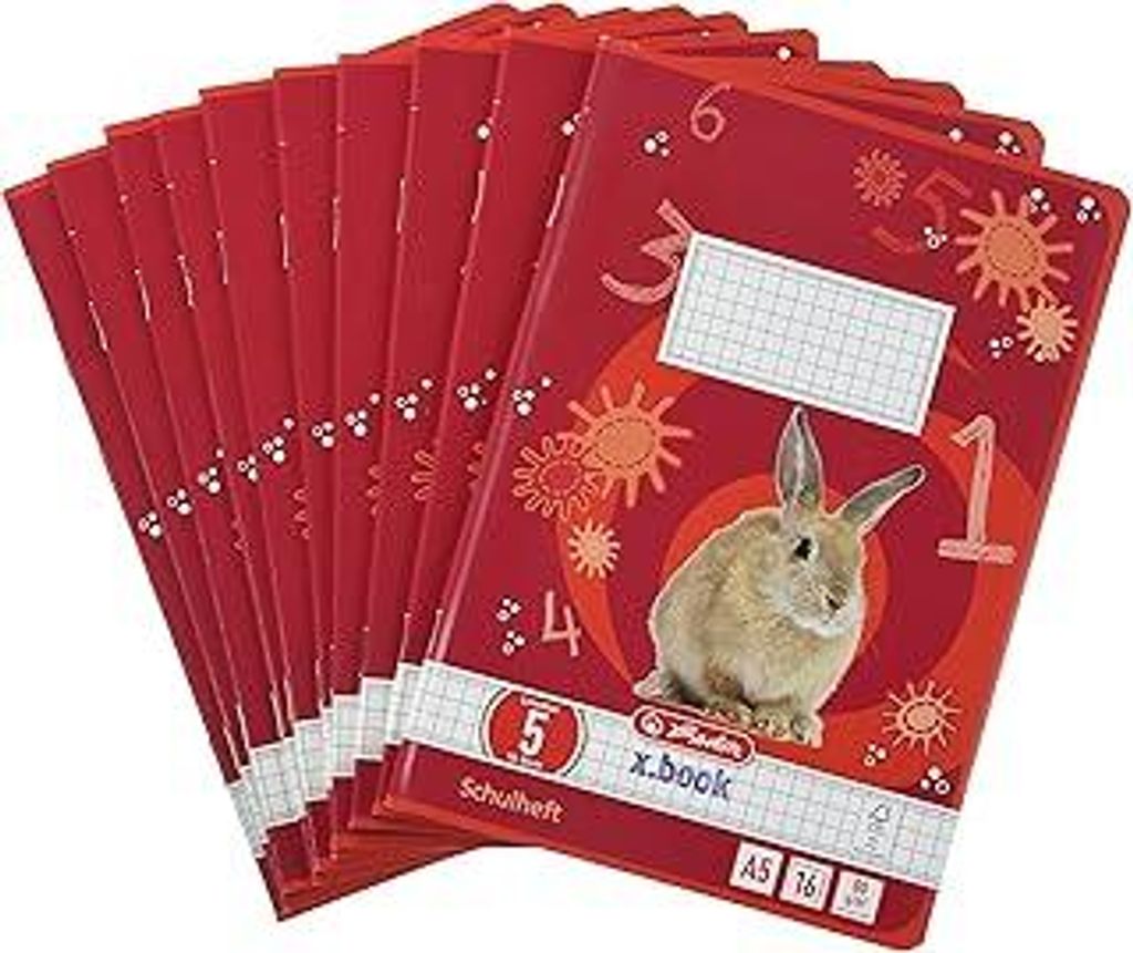 herlitz Schulheft x.book A5, Lineatur 5, 2. Klasse, kariert, ohne Rand, 16 Blatt, 10 Stück
