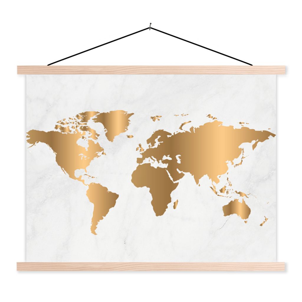 MuchoWow Textilposter Weltkarte - Gold - Marmoroptik - Luxus - Design 120x90 cm mit holzfarbenen Rahmen - Magnetisch