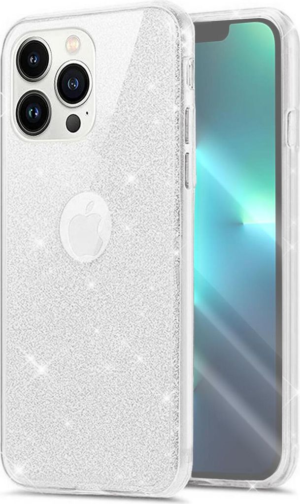 A clear, professional shot of an iPhone 13 Pro with a glittery transparent case.