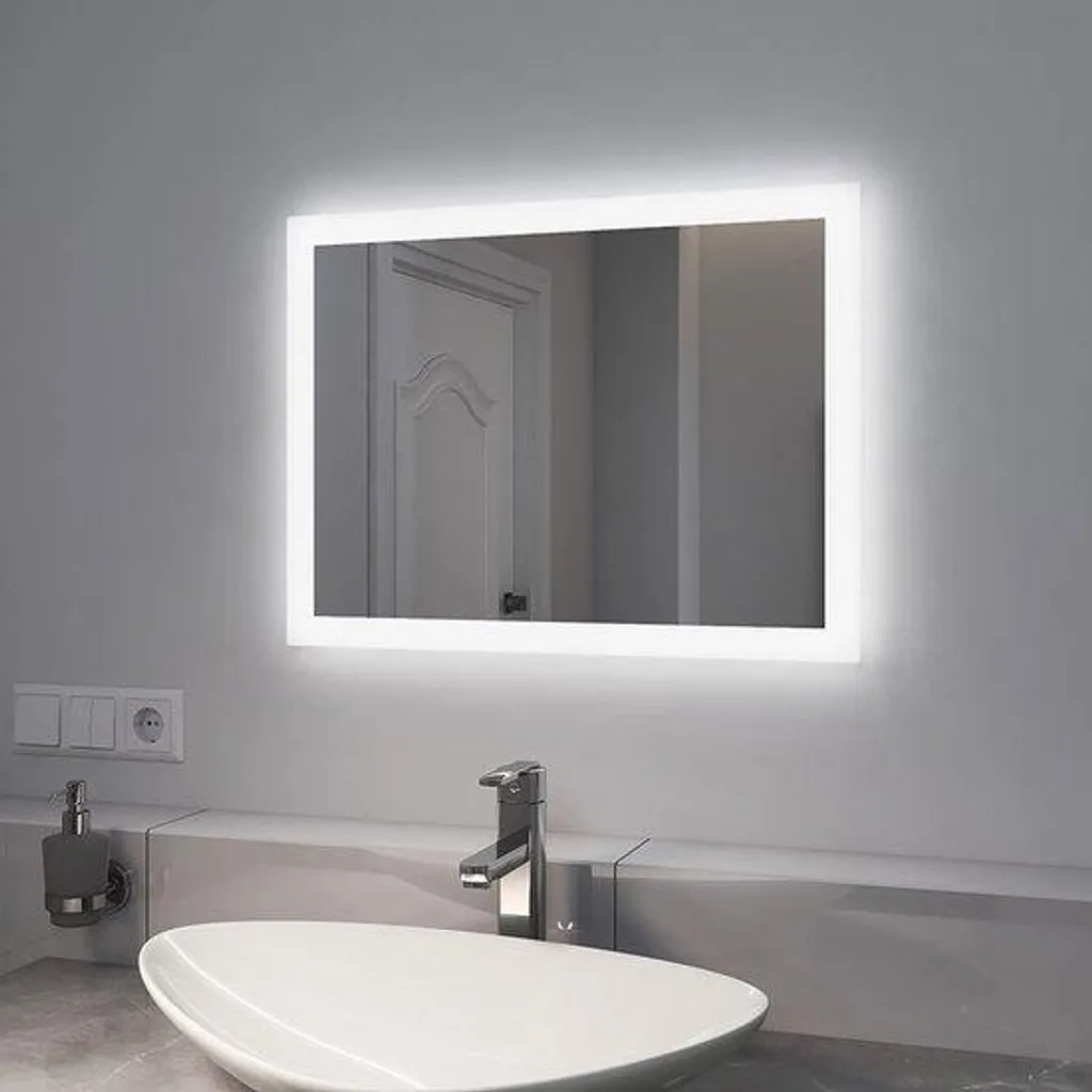 Miroir LED anti-buée 45x60 cm, bouton physique et éclairage uniforme