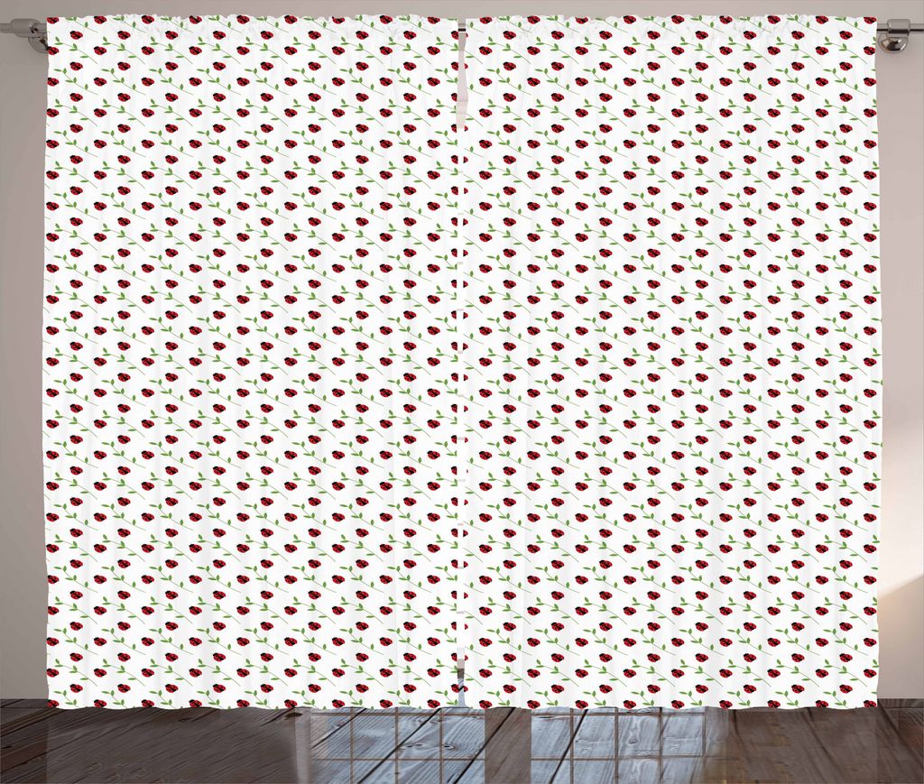 ABAKUHAUS Marienkäfer Rustikaler Vorhang, blühend Sommer, Wohnzimmer Universalband Gardinen mit Schlaufen und Haken, 280 x 175 cm, Schwarz Grün Rot