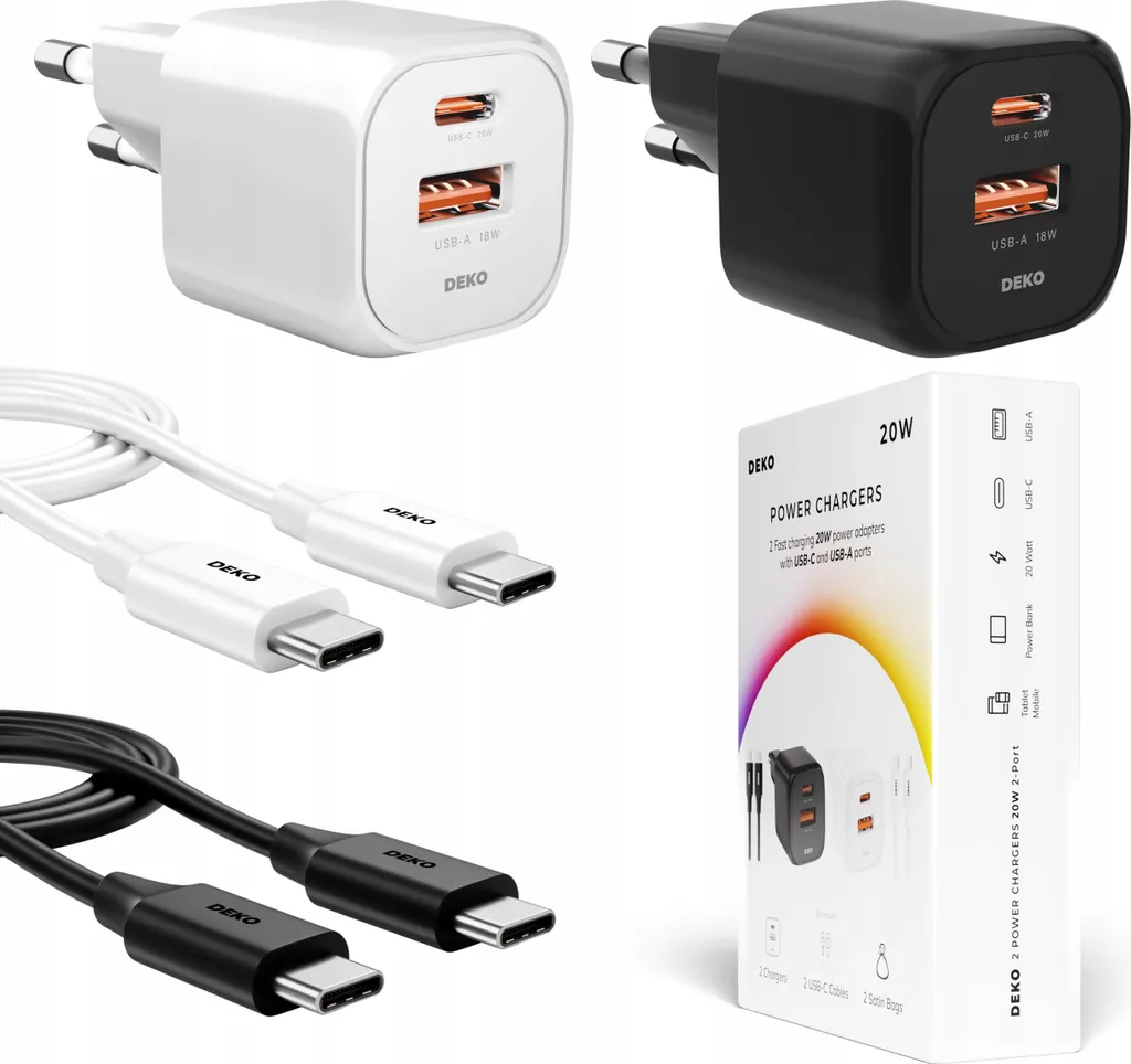 2x caricatore rapido USB-C per telefoni cellulari (universale, 20 W) + 2x cavo USB-C (100 W)