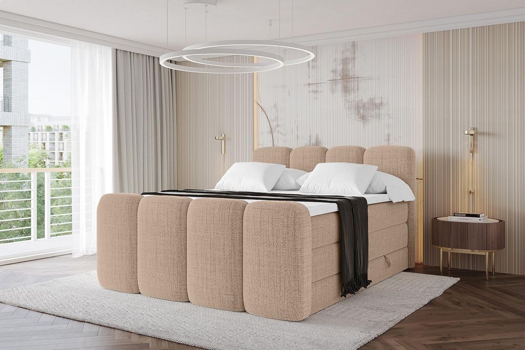 ALTDECOR Boxspringbett mit Fußteil - NINA-Z KING - 140x200 Dunkelbeige Aragon- Komplett-Set mit H3 und H4 Matratzen und Topper, Polsterbett mit Be...