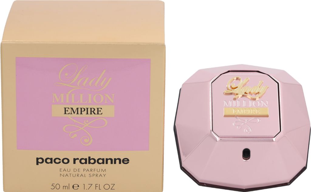 A box of Paco Rabanne Lady Million Empire Eau de Parfum for women and the perfume bottle.