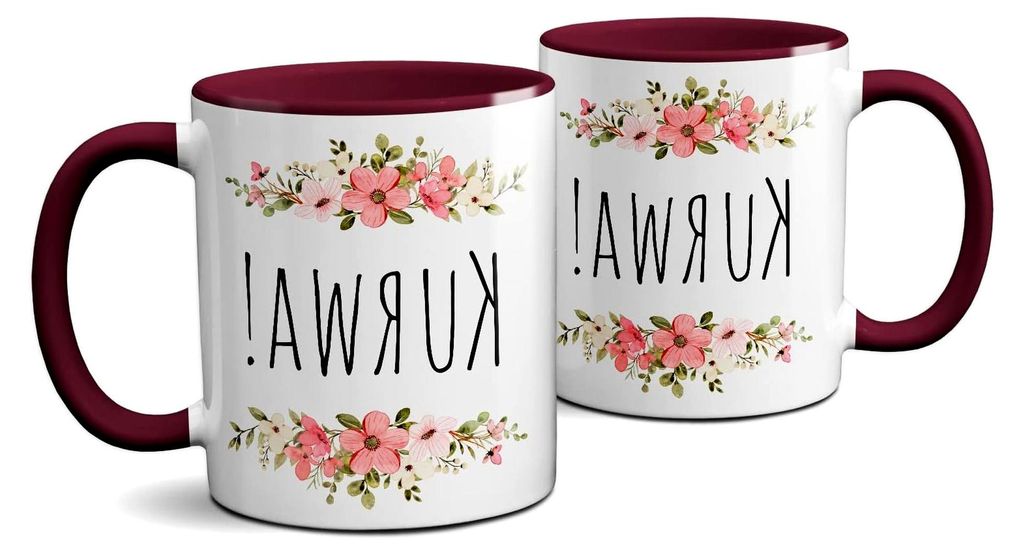 Kaffeetasse mit Spruch - Lustige polnische Keramiktasse - Blumendesign - Beidseitig bedruckt - Bordeaux - 325ml