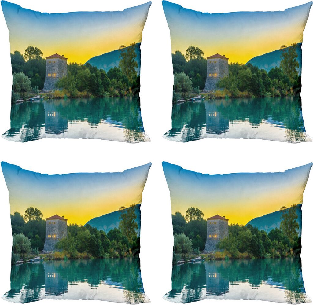 ABAKUHAUS asiatisch Kissenbezug Set (4 Stück), Sonnenaufgang am See Asian, Moderner Doppelseitiger Digitaldruck, 50 cm x 50 cm, Blau Grün