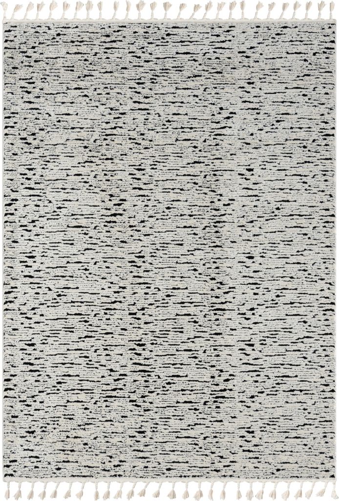 MY-RUG Teppich, Leah, 240x190, Weiß Schwarz, Hochflor-Teppich, 3D-Design, im Boho-Stil, Moderner Fransen-Teppich, rechteckig
