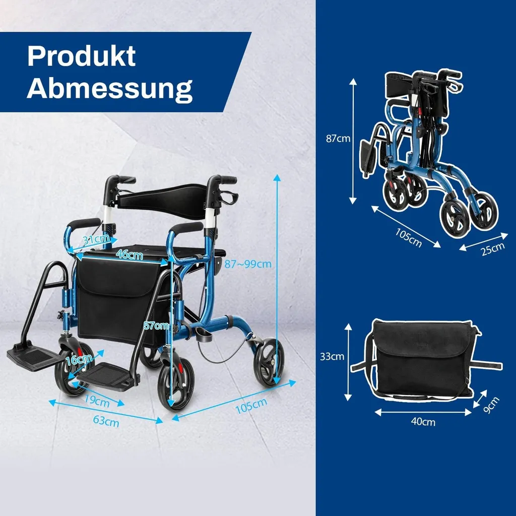 Déambulateur de promenade pliable avec siège et panier, modèle bleu - 2