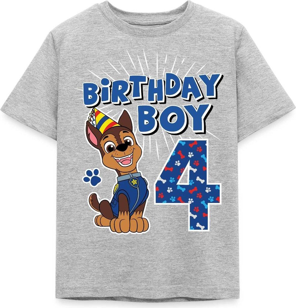 Spreadshirt Paw Patrol 4 Jahre Alt Geschenk 4. Geburtstag Chase Kinder T-Shirt, 98/104 (3-4 Jahre), Grau meliert