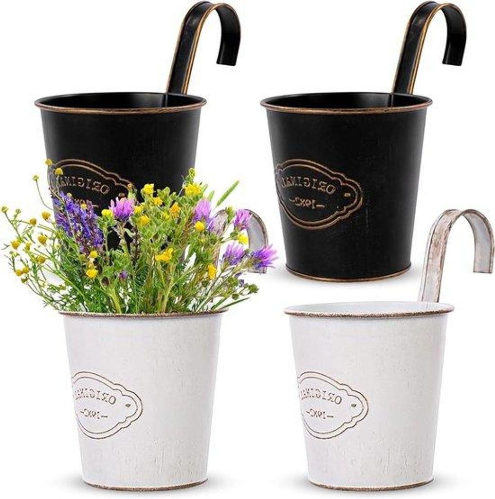 Hängende Blumenpotten - 4 Stück | Hängepotten aus vintage Metall mit Haken für Balkon, Zaun oder Wand