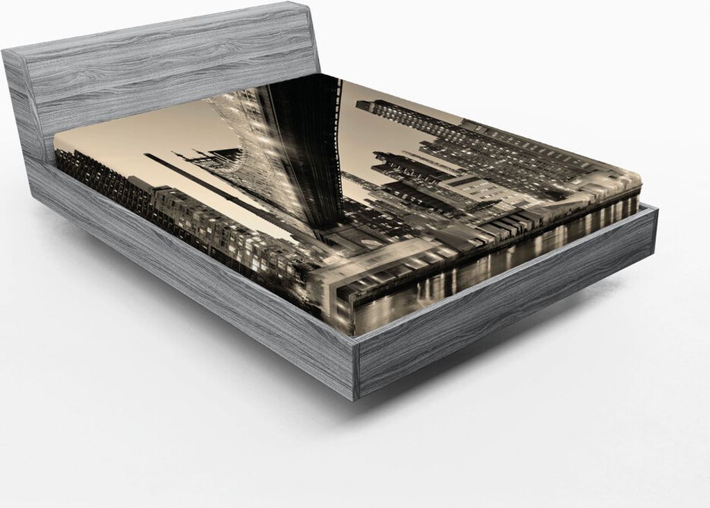 ABAKUHAUS New York Spannbetttuch, Queensboro Bridge NYC Nacht Sepia Artprints Städtischen Stadt View Modern Life Theme, 140 x 200 cm, Grau braun