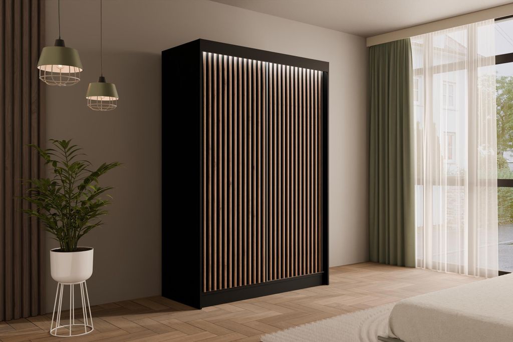 ALTDECOR Kleiderschrank mit Lamel-Schiebetüren, Führungsschienen und Aluminium- Leisten, LED-Beleuchtung und Fernbedienung - VILANv2 - 120 cm Sch...