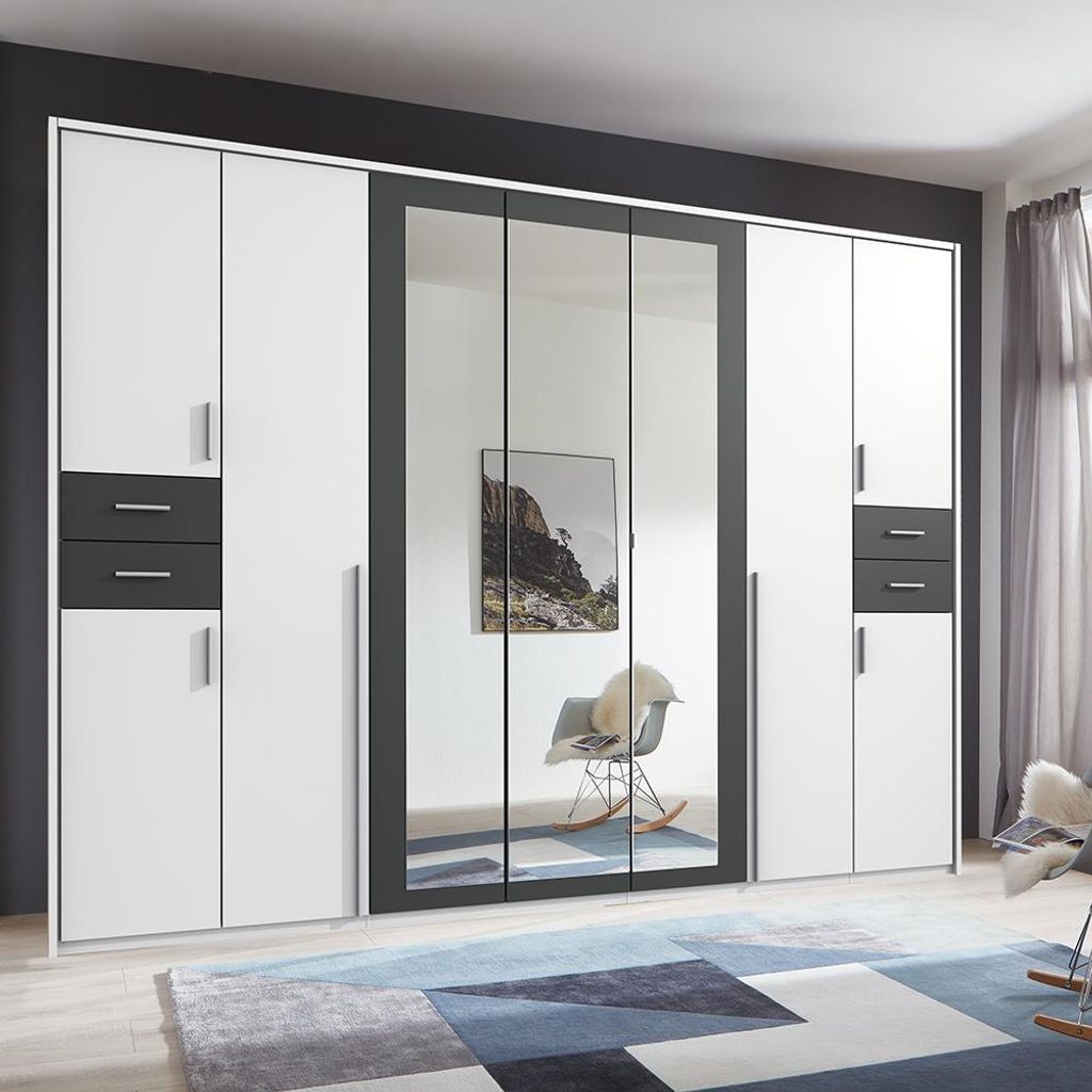 Schlafzimmer Kleiderschrank mit 316 cm Breite in weiß mit graphit, 9 Türen & 4 Schubladen, inkl. Passepartoutrahmen - VENLO-43