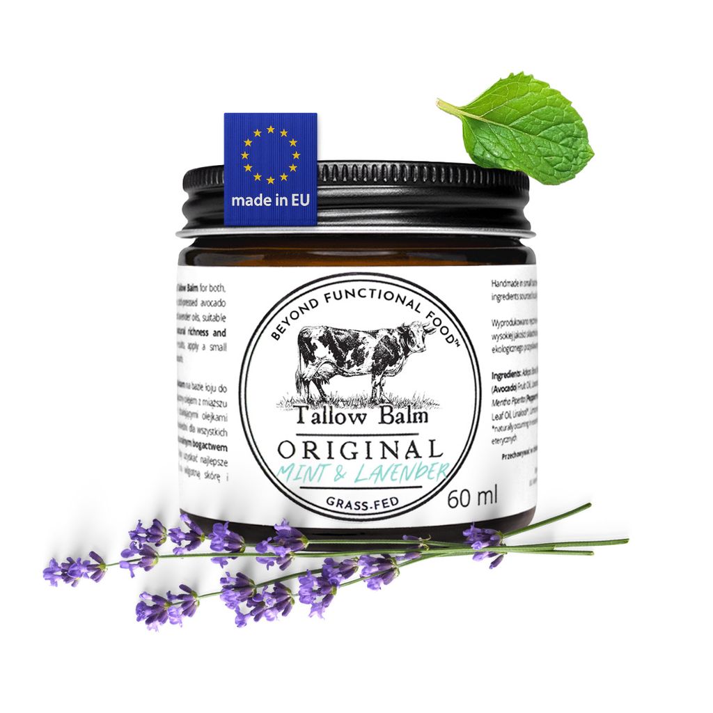ORIGINAL Beef Tallow Balm mit Lavendel und Minze ätherischen Ölen, Grasgefüttert Rindertalg mit Avocadoöl, 60 ml