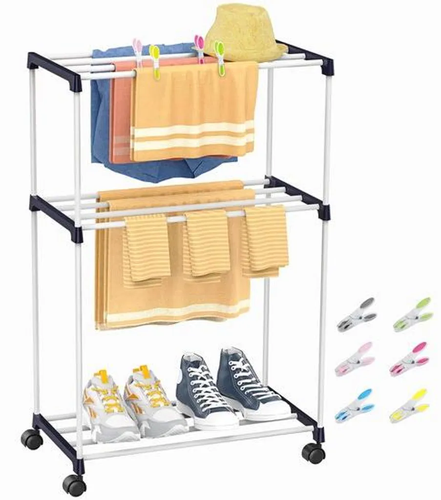 Porte-serviette 3 niveaux en métal noir avec roulettes pour buanderie