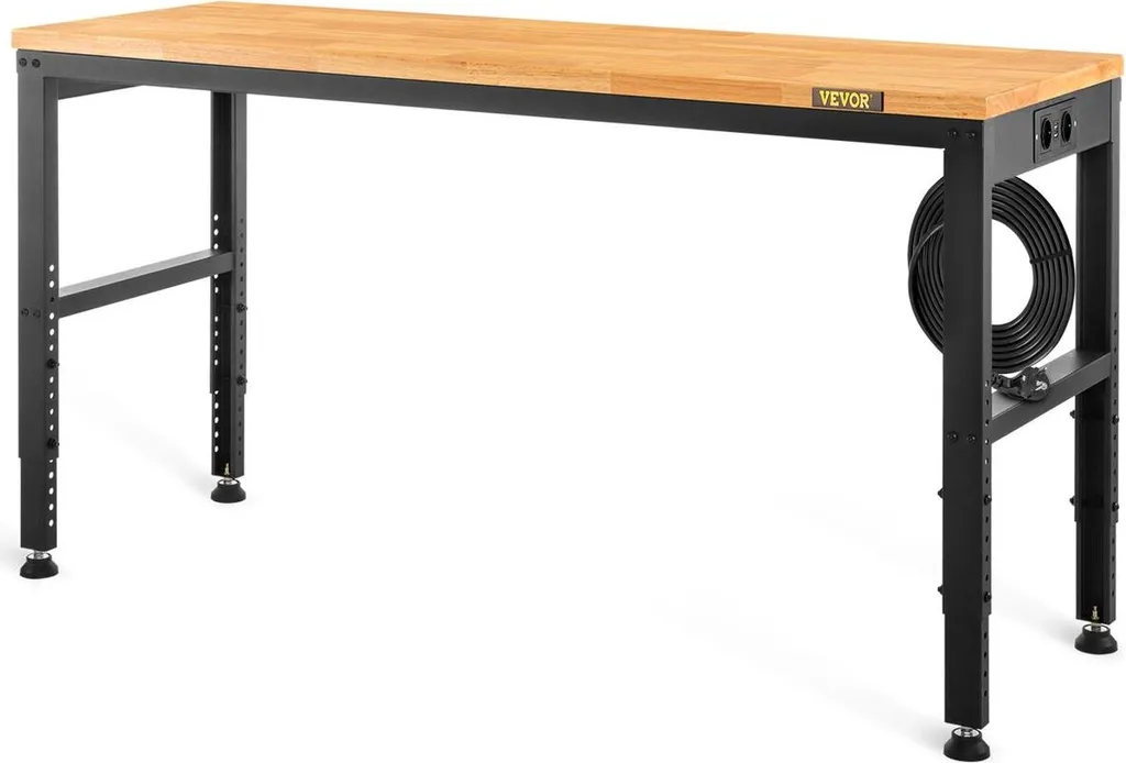 Table de travail atelier réglable 135 cm avec prises et plateau bois