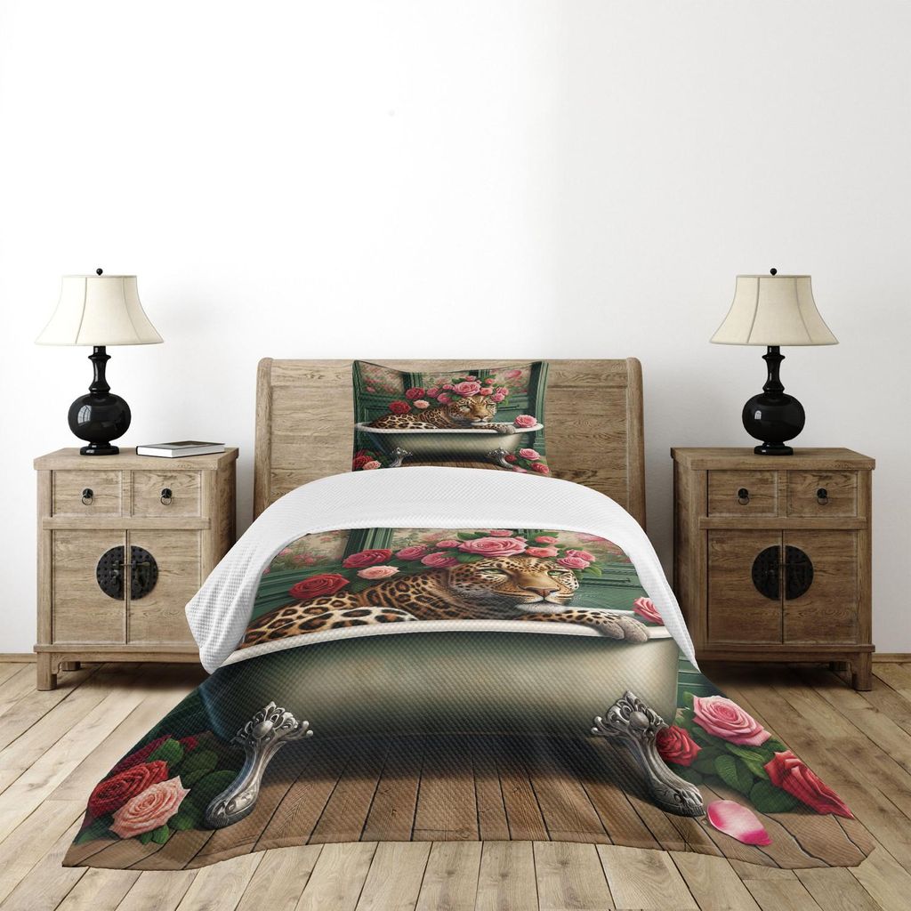 ABAKUHAUS Leopard Tagesdecke Set, Blühende englische Rosen mit einem wild gesprenkelten Tier in einer Wanne Cottagecore, 170 x 220 cm, Reseda Grü...